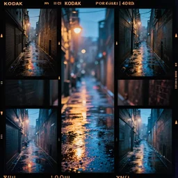 kodak portra 4 0 0, wetplate, 8 5 mm carl zeiss, blueberry, award - winning colour by britt marling : a rainy alleyway at night, vivid caustics, cinematic, quadratic quadratic picture frames, haze