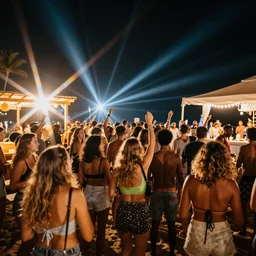 absolutely crazy party on a summer beach club, lens flare, long exposure, trending on ArtStation.'