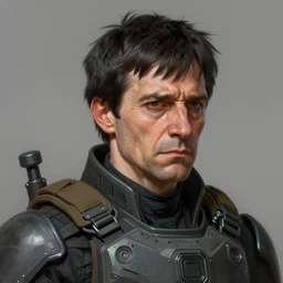 Portrait of a man by Greg Rutkowski, he is about 60 years old, short black hair with bangs, his features are a mix between French, Turkish and Russian, expression of contempt, sorrow and resignation, he is wearing a futuristic tactical gear, highly detailed portrait, digital painting, artstation, concept art, smooth, sharp foccus ilustration, Artstation HQ.