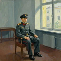 A detailed painting by Edward Hopper of a KGB agent sitting in a sunlit room of a soviet blockhouse