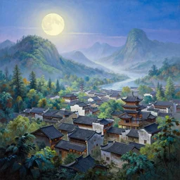 a beautiful painting of chinese - style ancient architecture city group built like a forest, at sunrise, bright moonlight and stars, mountains and flowing water in the distance by greg rutkowski and thomas kinkade, trending on artstation