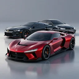 sports car based on nissan and chevy sports car body styles, nissan sports cars, chevy sports cars, concept car, sharp focus, ruby red and black paint, trending on artstation, unreal engine, photoreal, award winning, automotive photography, concept art, car design by jon sibal and khyzyl saleem