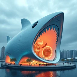 santiago calatrava design ; a beautiful hyperrealistic ultradetailed 3 d render of an shark shaped museum in the city, by brian sum and stephen martiniere and antonio manzanedo. mech, unreal engine, octane render, pbr, 3 d, brilliantly colored, intricate, wide angle, volumetric lighting, polished, path tracing,