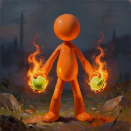 an orange stick figure with lime fire hands, digital art, oil on canvas