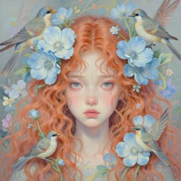 breathtaking detailed concept art painting portrait in pastel colors of single girl with anxious piercing eyes by hsiao - ron cheng amalgamation light blue flowers and birds in long curly carroty hair, weird background with bizarre compositions blend of flowers and birds, exquisite detail, central composition, 8 k