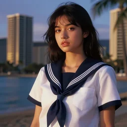 Italian Japanese mixed race teen female wearing a navy and white Japanese school uniform, captivating, seductive look, posing in Waikiki, sigma female, portrait art by alphonse mucha and greg rutkowski, highly detailed, digital painting, concept art, illustration, dim lighting with twilight rays of sunlight, trending on artstation, very detailed, smooth, sharp focus, octane render, close up