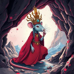 wise goddess half rat, made of red gucci fabric, otherworldly sea cave, pixiv fanbox, dramatic lighting, maximalist pastel color palette, splatter paint, pixar and disney exploded - view drawing, graphic novel by fiona staples and dustin nguyen, peter elson, alan bean, wangechi mutu, clean cel shaded vector art, trending on artstation