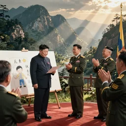 kim jong un revealing a kid's drawing while generals are applauding