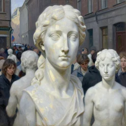 crowd of people made of white marble, exterior city stree, portrait face, caustics, light rays, in the style of matt murphy, enes dirig, jeremy enecio, intricate, miles johnston, monet, cynical realism, john william godward, painterly, yoshitaka amano, miles johnston, louise zhang, matt murphy, enes dirig, pekka halonen, finnish naturalism, realism