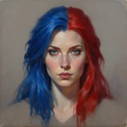 A detailed matte oil on canvas head on symmetrical portrait of a distinguished elven woman with red and blue hair on an empty background,  by Charlie bowater, Wlop, trending on artstationhd,  dungeons and dragons art, parted hair ,  half blue,  half red , split dye, critical role
