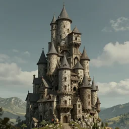 multiple medieval houses stacked on each other, creating a thin monolith, concept art, very tall, trending on deviantart, movie still, award wining photograph