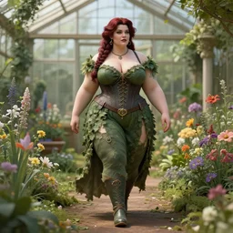 a stunning 3 d render of a thicc and voluptuous yennefer of vengerberg dressed as a beautiful poison ivy with hair tied in a braid walking through a flowering garden, greenhouse in the background, intricate, elegant, highly detailed, digital painting, artstation, concept art, ultra sharp focus, octane render, volumetric lighting, art by greg rutkowski and alphonse mucha
