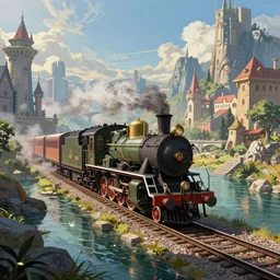 A steam locomotive rides along of a waterway on a fantasy city. Fantasy and concept art, colorful digital painting, unreal engine.