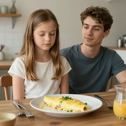 Eva Elfie is waiting for her boyfriend for a morning omelet. Realistic render