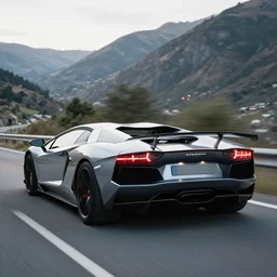 a rear shot of a lamborghini aventador with lights on a mountain road, motion blur, 3 5 mm photography, car photography, clean lines, realistic