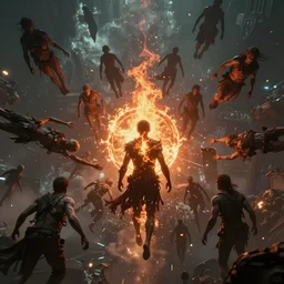 imagine the blinding chaos of Erebus, concept art, cinematic shot, high details, 8K, James Jean , floating people in the center with a circle's fire on his back , lost humanity