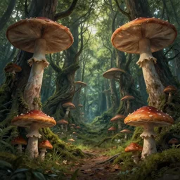 digital art of a mushroom forest with twisting trees