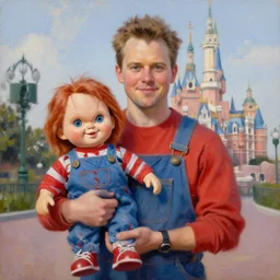 chris patt holding the doll chucky, disney land as backdrop, oil painting, by greg rutkowski