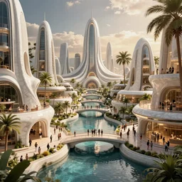 futuristic utopian metropolis in paradise, canals, bridges, white marble buildings, tropical, palm trees, crowds of people, by leon tukker, zaha hadid, photography, cinematic lighting, octane render, artstation