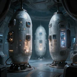 interior of a space ship by giger with cryogenic pods, volumetric lighting, atmospheric