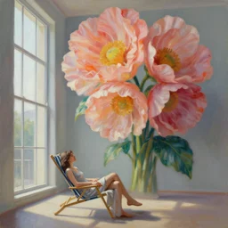 closeup, huge flowers as head, woman sitting on lounge chair by a tall window, surreal photography, studio light, impressionist painting, digital painting, artstation, simon stalenhag