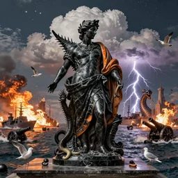 portrait, oceanic naval battles, fires, architectural, colossal lightning, krakens, cannonballs, war, seagulls, famine, death, wide angle, puffy clouds, skies behind, stars in sky, italian masterpiece, Ashford Black Marble, sculpture, baroque, draped with water and spines, drapes, ocher details, still life, Obsidian, portrait, worms, render, artstation, ultra detailed