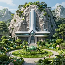 vertical overwatch headquarters carved inside a mountain surrounding a lush garden, trimmed, magical, natural light, fantasy, sharp focus, concept art, by greg rutkowski and craig mullins, cozy atmospheric