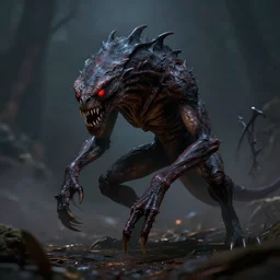 A large, dark creature with long, sharp claws and teeth. It has red eyes that glow in the darkness, and it moves silently and swiftly, stalking its prey.