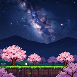 existence, sakura blossoms, landscape, night time, milky way, detailed, pixel art, jrpg, side scrolling view