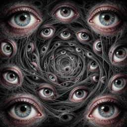 detailed illustration of eyes so many eyes lots of eyes staring uncomfortable psycadalic surreal bending waves of eyes and painful dark horrid