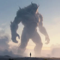 a tall looming humanoid beast towers over a tiny human. at dawn, ethereal fantasy art by greg rutkowski