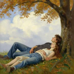 painting of young man and woman with long brown hair, laying under a tree looking at clouds autumn, ( ( ( wearing jeans ) ) ), by ( ( ( charles sillem lidderdale ) ) ), stanley artgerm lau, greg rutkowski, thomas kindkade, alphonse mucha, loish, norman rockwell