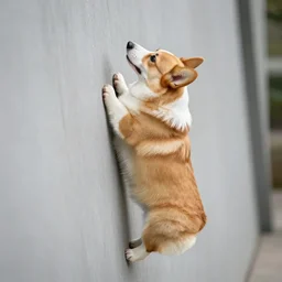 a corgi climbing a vertical wall