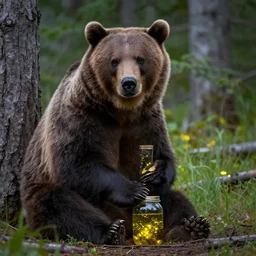 a grizzly bear sitting next to a tree while holding a jar filled with fireflies