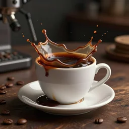 : a sloppy cup of coffee with fluid flying out the cup hyperbolic ,hyper detailed art station  parabolic lighting  unrealengine ,cinematic, hyper realism, high detail, octane render, 8k