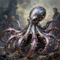 portrait of a mechanical metallic octopus in a scenic environment by philipe druillet and wayne barlowe, cyberpunk, mechanical parts, wires, electric sparks, hyperdetailed