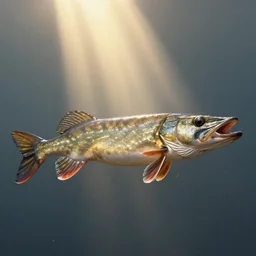 a beautiful painting of a northern pike, octane render, intricate, ultra wide angle, trending on artstation, daylight, volumetric lighting, ray lighting from top of frame, crepuscular ray lighting from above, dynamic lighting, muted colors, polished, micro details, ray tracing, 8 k