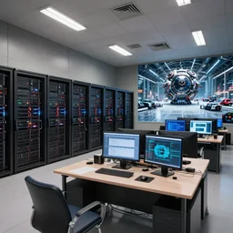 establishing wide shot of work desk, inside server room and airport hanger and borg cube interior combined, epic scale, many computer servers lining walls and ceiling, rows and stacks of computer servers, flourescent ceiling lights, paneled walls, maximalism, detailed artstation scifi concept art, fine details, 4 k, unreal engine, detailed textures