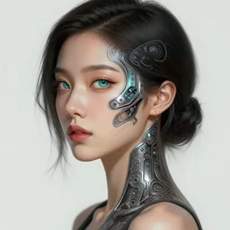 Photorealistic illustration, Korean woman with augmented cybernetic eyes in 3/4 portrait view, cyberpunk 2077, sci-fi, futuristic, intricate, elegant, highly detailed, digital painting, artstation, concept art, smooth, sharp focus, art by artgerm, greg rutkowski and alphonse mucha