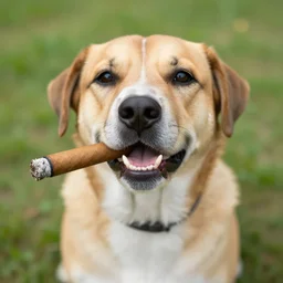 a photograph of a dog with a cigar in its mouth