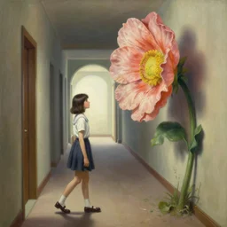 a painting of a girl walking in a hallway who finds a giant flower blocking the hallway, art by greg manchess, guangjian, detailed digital art, artstation hd