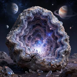 huge geode, crystals, cracked and exploding with the universe, a huge dance of the cosmos, planets, high detailed starry background