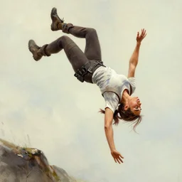 Lara Croft doing a backflip, painted by Mark Brooks and Charlie Bowater