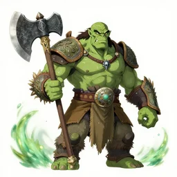 orc barbarian male, green skin, exquisite details, big axe, earth magic, mid view, design on a white background, by studio muti, greg rutkowski makoto shinkai takashi takeuchi studio ghibli