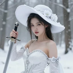 beautiful female with dark hair holding a thin sword wearing a white silver dress, white wide brimmed hat with white flowers detailing, snow forest, snow, particles, misty, highly detailed, detailed illustration, art by wlop and guweiz, artstation, deviantart, medium close up