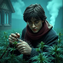 daniel radcliffe as harry potter watering a cannabis field with a hose in hogwarts, marijuana plants, realistic face, digital illustration, in the style of greg rutkowski, very detailed, artstation, smooth, cinematic, sharp
