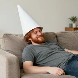 professional photography of a drunk ginger haired man slouched on the couch smiling wearing a cone on his head stock photo