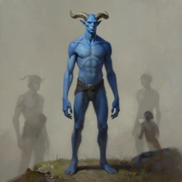 masterpiece painting of a slim blue skinned tall orc with horns, featured in artstation, concept art by Greg Rutkowski, WLOP, Dan Mumford, Christophe Vacher