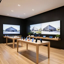A flagship Samsung store. black  walls. timber floor. high ceilings with spots. wood  furniture with large digital screen. display tables with phones and tablets, pots with plants, digital screens on the walls, Architectural photography. 14mm. High Res 8K. award winning architectural design, inspired by Arne Jacobsen, Niels Otto Møller, Verner Panton, Scandinavian Design, Retaildesignblog.net
