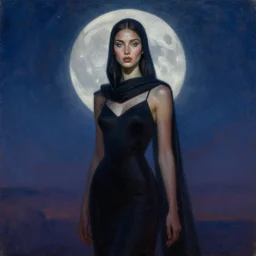 lush celestial twilight priestess, bringer of starlight, detailed ethnic face, clear eyes, statuesque, gazelle - like, femme fatale, radiant skin, dark gown and scarf, svelte fashion design, angular, linear, bathed in moonlight, silhouette, oil on canvas